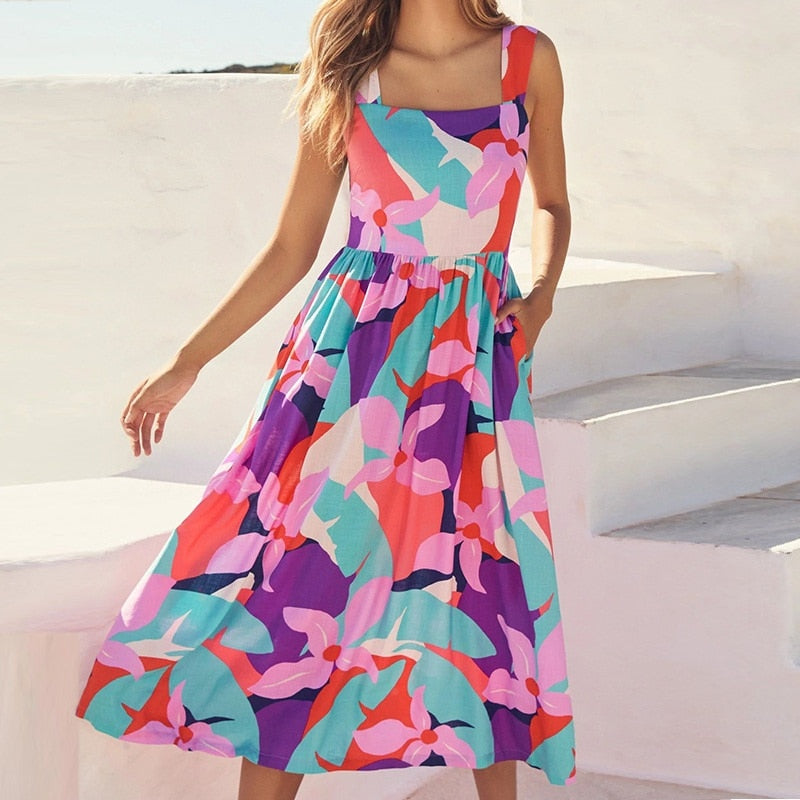 YEMOGGY Elegant floral print Dress Summer Women Dress 2023 New Casual V-neck Sleeveless High Waist Ruffle Midi sexy sling dress